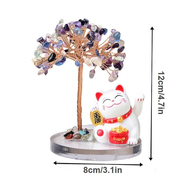 Solar Energy Shake Hands Lucky Cat Base Fate Tree Office Home Natural Crushed Stone Life Tree Handwoven Weaving Decor
