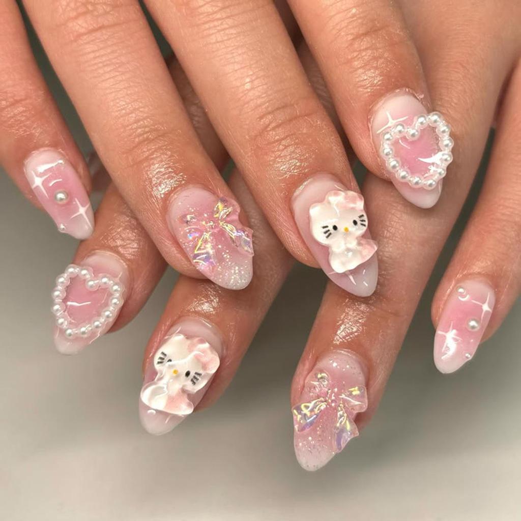 Japanese Style Sweet Wearable Nail Art - Blush Bow Heart Design False Nails