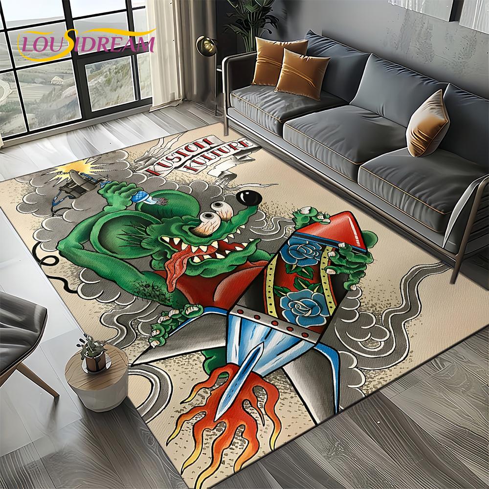 RF Funny Rat Fink Cartoon Motorcycle Sign Carpet Rug for Living Room Bedroom Home Sofa Decoration,Area Rug Non-slip Floor Mat