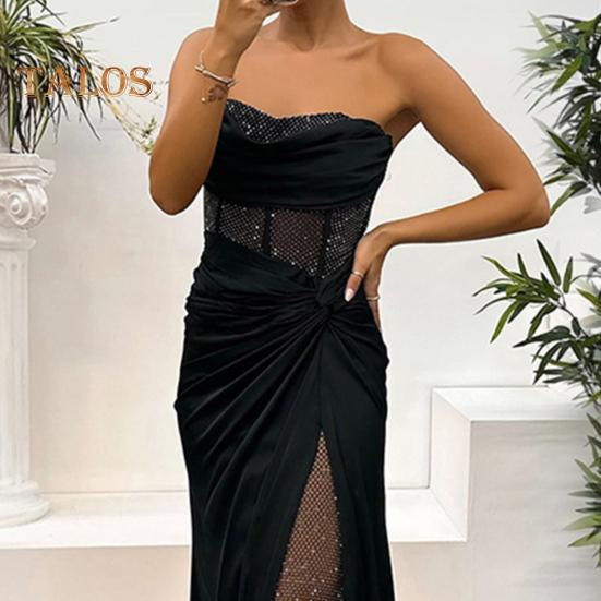 Vestido de noche para mujer, estilo bandeau, sin mangas, con hombros descubiertos, plisado, con nudo, de malla, con parches, brillante, con lentejuelas, vestido de baile de satén, largo hasta el suelo, para banquetes y fiestas de graduación