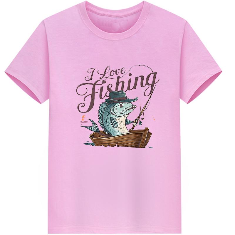Unisex Cotton I Love Fishing Print Tshirt Loose round Neck Casual Short Sleeve Fashion Top for Summer