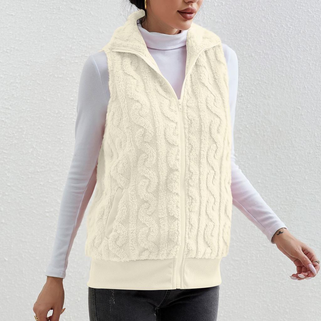 Fashionable Ladies Plaid Comfortable Fleece Cardigan Vest Stand Collar Sleeveless Women's Jacket