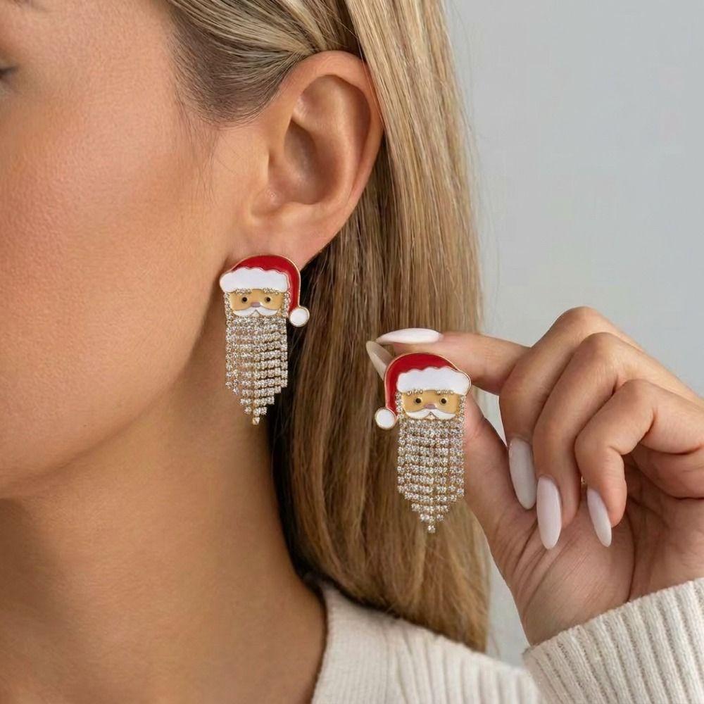 Long Tassel Design Enamel Drop Earrings Pearl Adorned Santa Claus Stud Earrings Festive Party