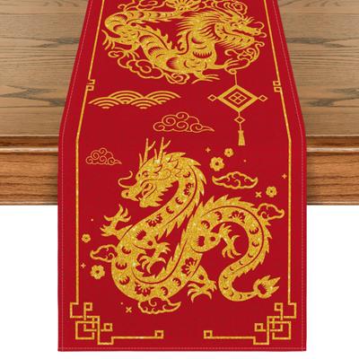 New Year Table Runner Dragon Print Thick Foldable Firm Stitching Sequin Happy Chinese New Year Table Decoration Protection