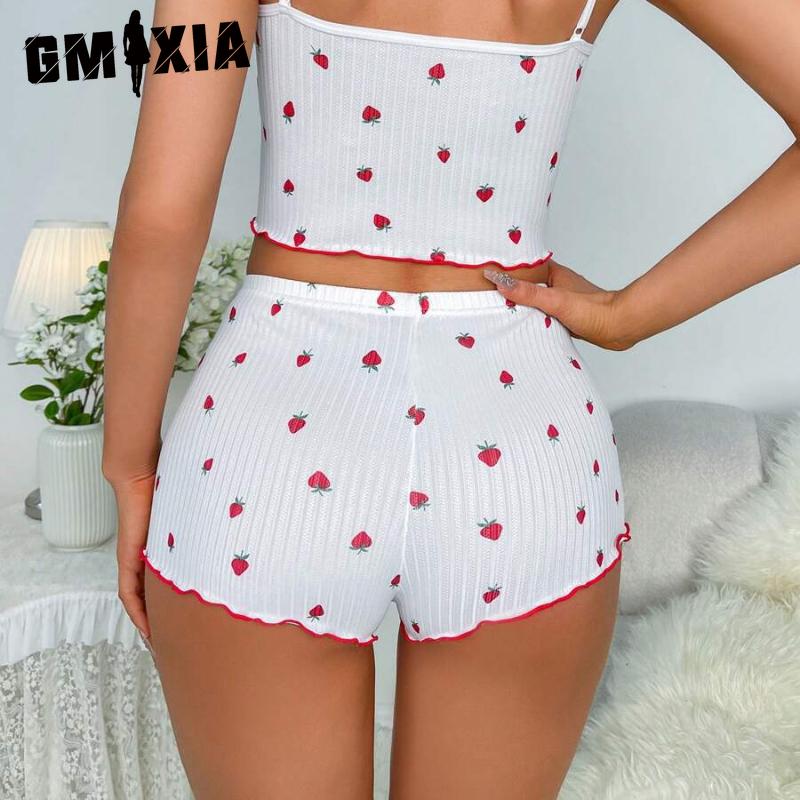 GMXIA Pajamas Pit Stripe Homewear Ladies Bow Lace Edge Sexy Suspenders Shorts Two-piece Set
