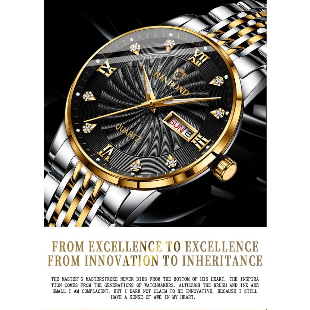 BINBOND Quartz Watches for Men Luxury Luminous Waterproof Precise Auto Date Week Display Men's Watch Casual Sturdy Reloj
