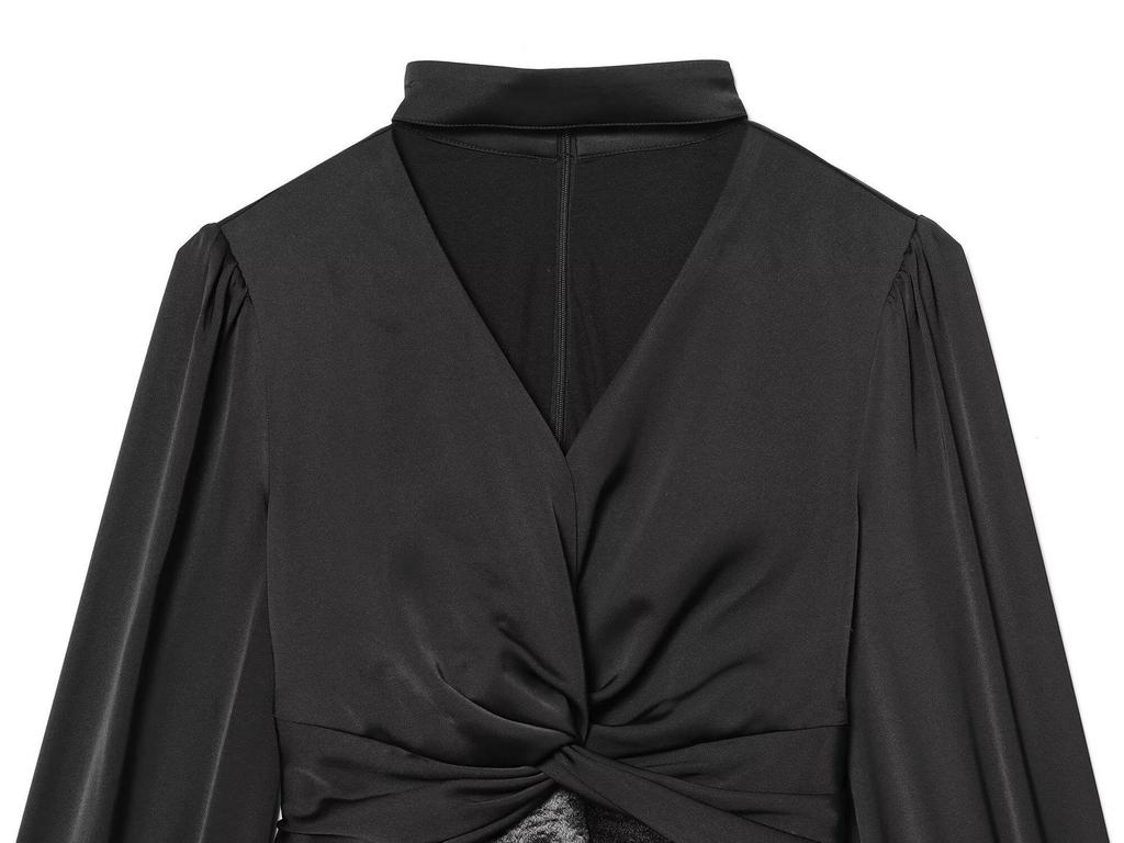 European-American Women's Fashion V-neck Halter Waist-Cinching Patchwork Long-Sleeve Shirt