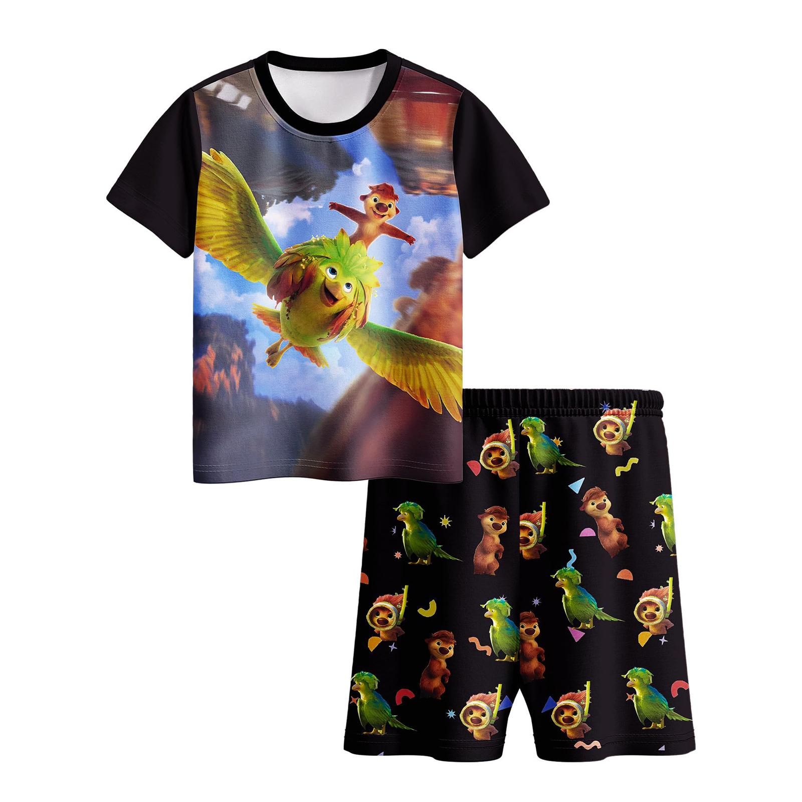 

Girls Short Sleeve Crew Neck T-Shirt and Knee-Length Shorts Two-Piece Set Featuring Animated Character Print Lightweight Comfortable Summer Outfit 110 красный
