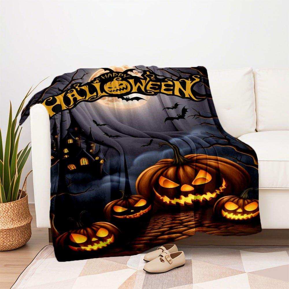 Halloween Party Decorations Pumpkin Lanterns with Moon and BatsBlanket Flannel Throw Blanket for Sofa, Bed, Travel, Camping, Office