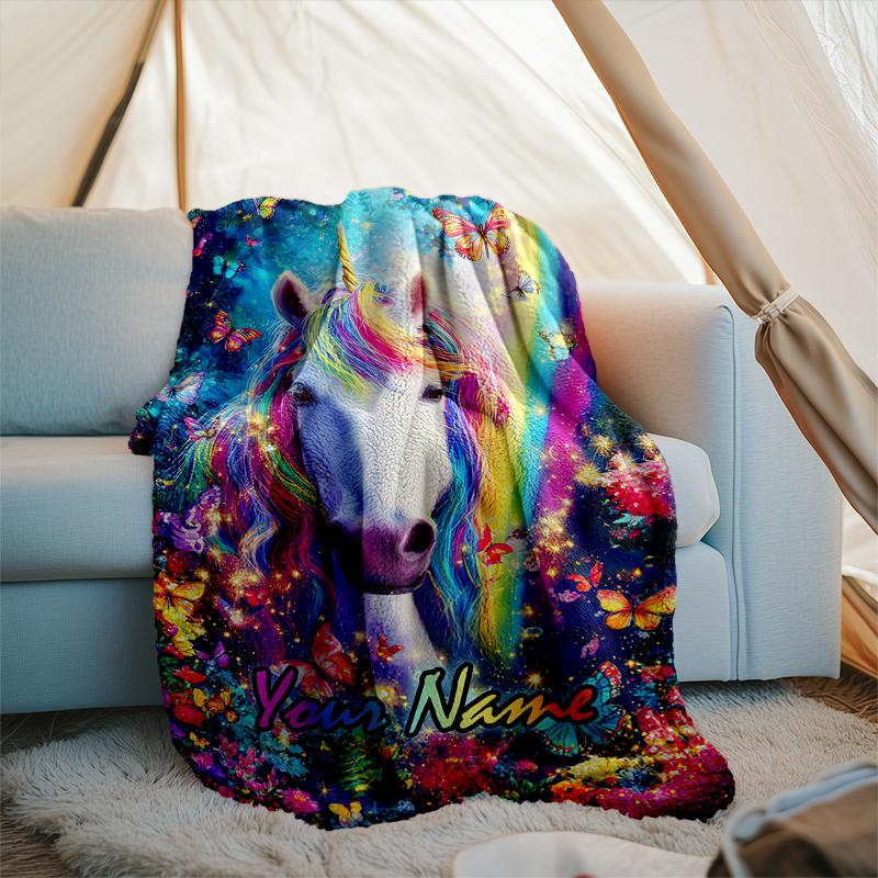 1PC Custom Name Rainbow Unicorn Fantasy outdooor Flannel blankets Patterns Throw Blanket All-Season Soft Gift for Couch, Bed, Camping gifts