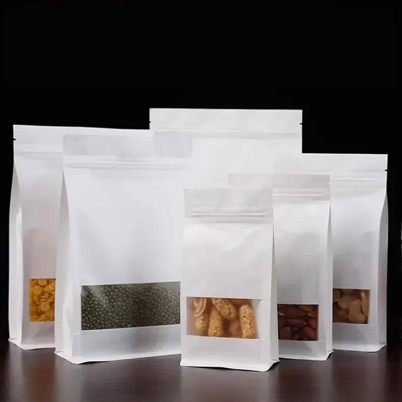 50pcs Widen Side Seal Kraft Paper with Matte Window Stand Up Bag Tea Nut Seal Up Package Bags Moisture-proof Zipper Show Pouch