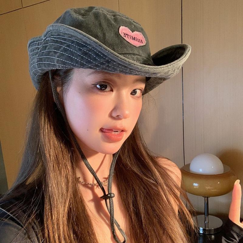 Pălării Cowboy Japoneze Retro Spălate pentru Femei Primăvară și Vară Camping în Aer Liber Protecție Solară Pălării Bucket Roz Dulce cu Inimă