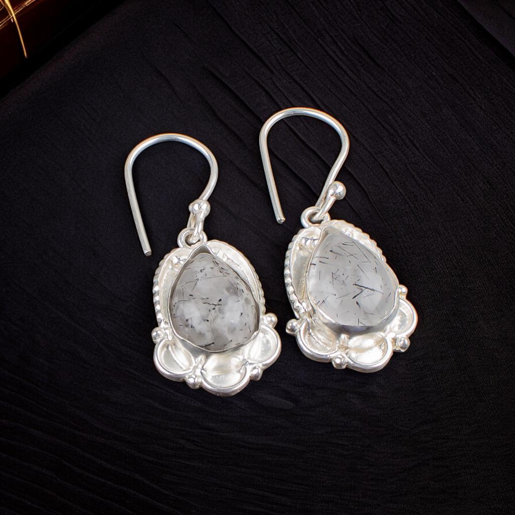 Natural Black Rutile Gemstone 925 Sterling Silver Elegant Jewelry Earrings 1.50" EE-41-23