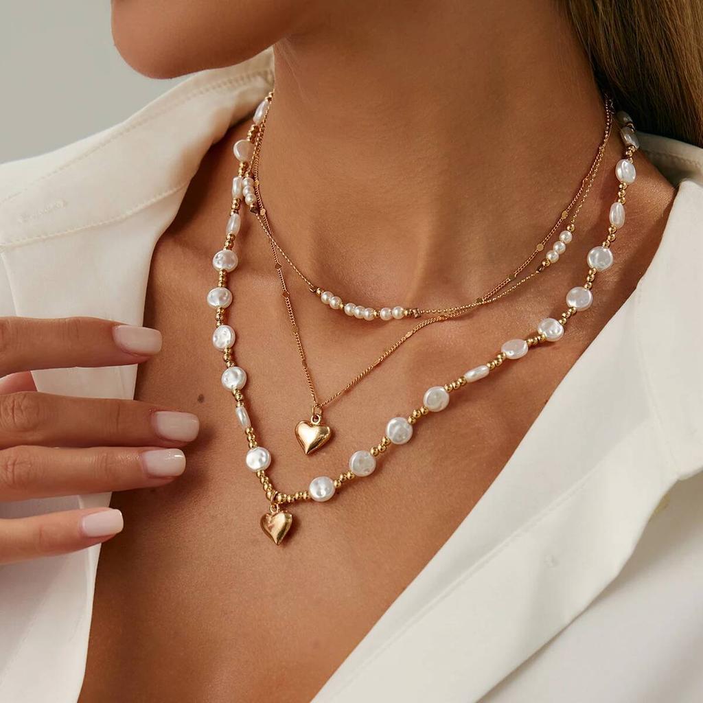 IngeSight.Z Exquisite Imitation Pearl Love Heart Pendant Necklace Women Multilayer New Elegant Metal Clavicle Chain Y2K Jewelry