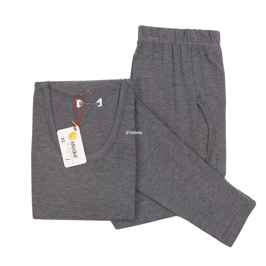 Męska bielizna termiczna modalowa plus size: Cienki, Wysokoelastyczny Zestaw Koszulki z Okrągłym Dekoltem i Spodni