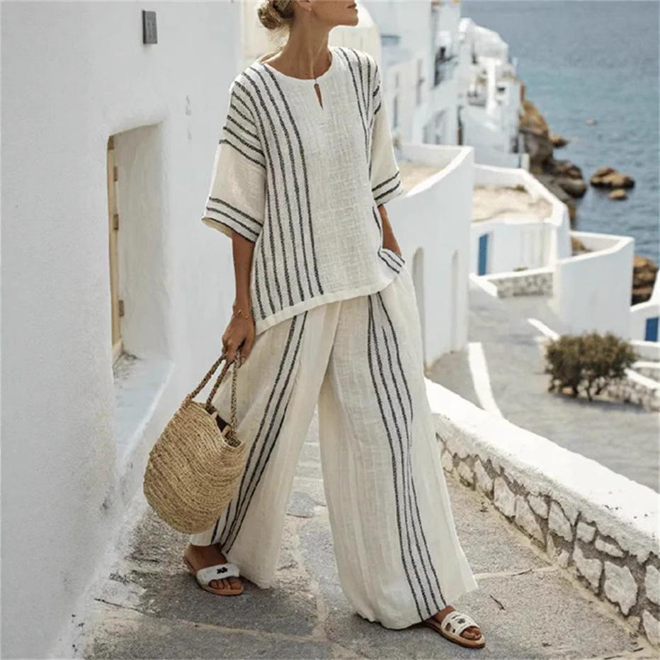 Women s Striped Linen Blend Two Piece Set - Round Neck Top  Wide Leg Pants XS
