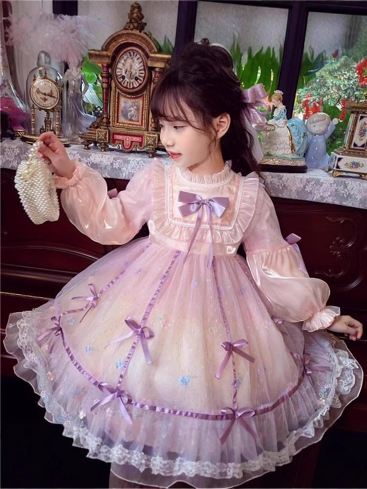 Girls' Pink Lolita Lace Bowknot Princess Dress with Puff Sleeves