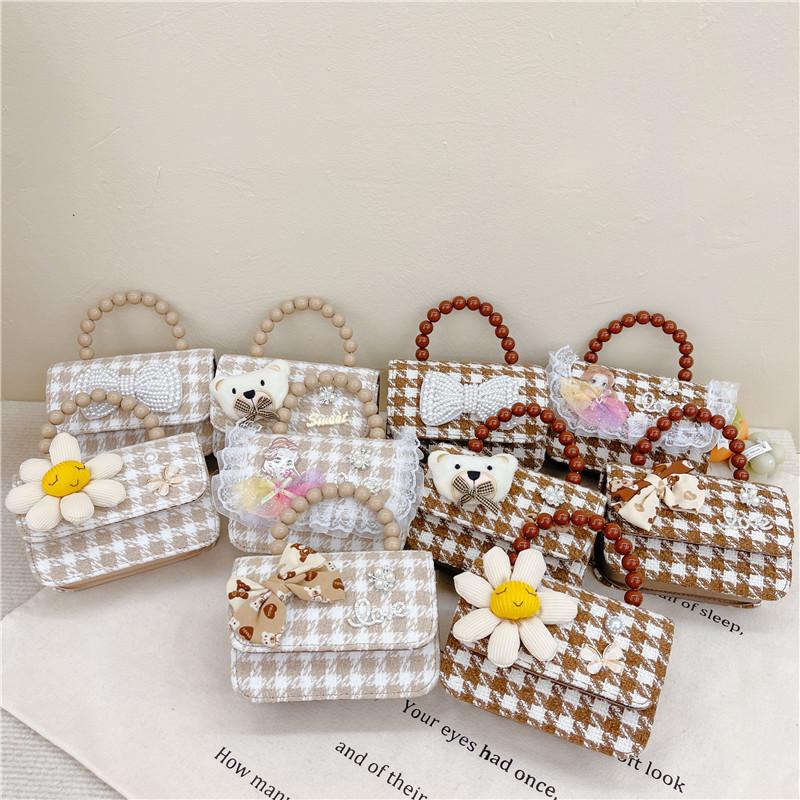 Fashion Simulation Pearl Bow Design Whoundstooth Pattern Children Shoulder Bag For Daily Use