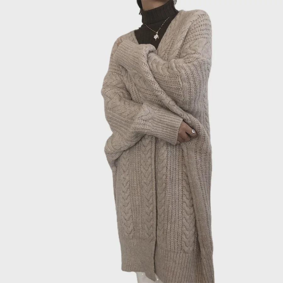 Korean Women's Retro Knitted Long Cardigan - Thick, Loose Fit for Autumn/Winter