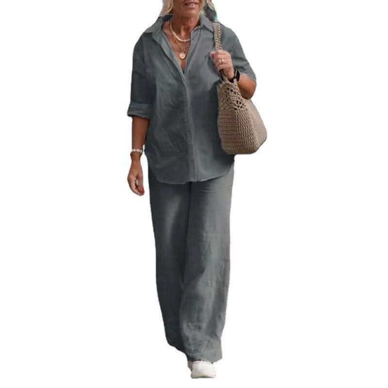 Lapel Long sleeve Shirts Spring and Autumn Leisure Solid Color Pants Wide Leg Suit Casual Top and Pants Set