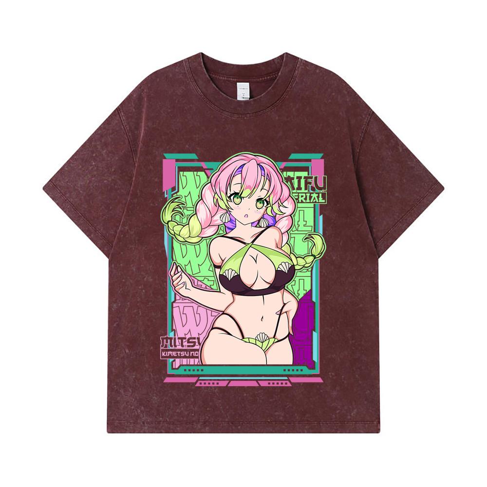 275 GSM Washed T-shirts 100% Cotton Demon Slayer V53 Mitsuri Waifu Print Unisex Heavy Cotton T Shirt