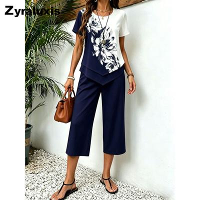 Summer Fashion Printed Irregular Top & 7/8 Pants Set (2 Pieces)