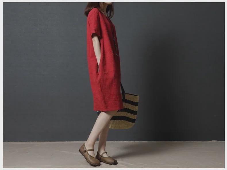 Korean Loose Plus Size Women's Casual Cotton Linen Short-Sleeve Dress