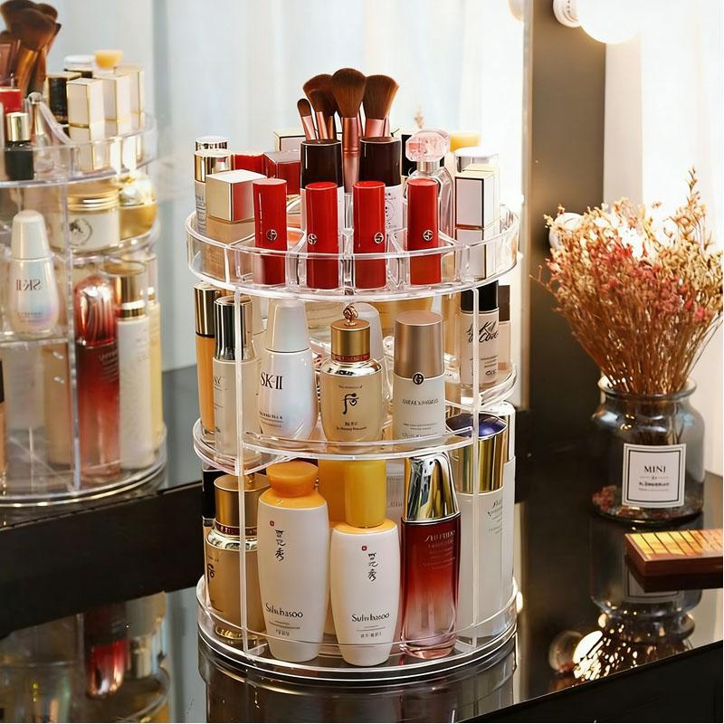 Makeup Organizer Cosmetic 360° Rotation Display Case With Brush Holder Perfume Tray Storage Bathroom Countertop Plastic