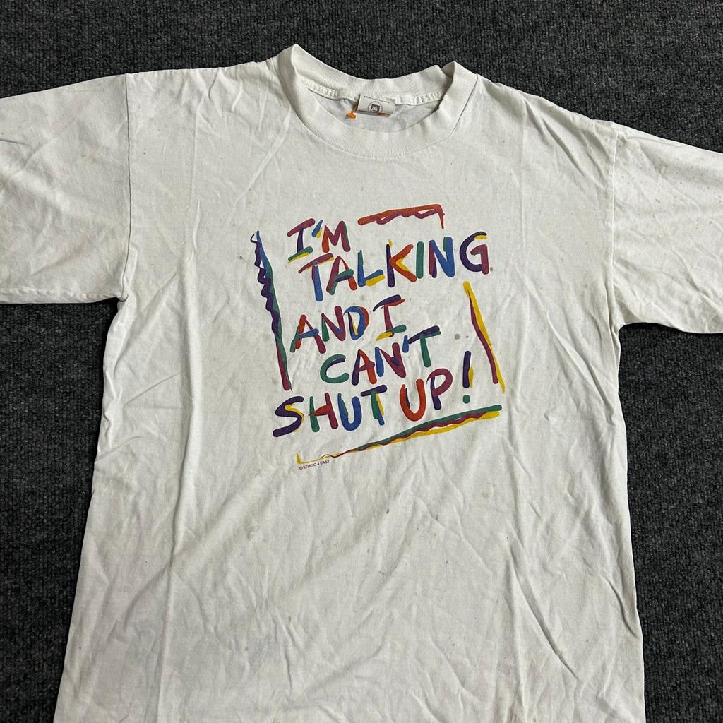 Studio 4 East T-Shirt Mens Size L White Graphic I'm Talking Funny Vintage 90s NY