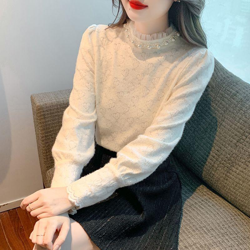 

Шикарная кружевная блузка женская осенне-зимняя модная и омолаживающая рубашка с кружевным пэчворком, элегантная и универсальная 5XL абрикосовый