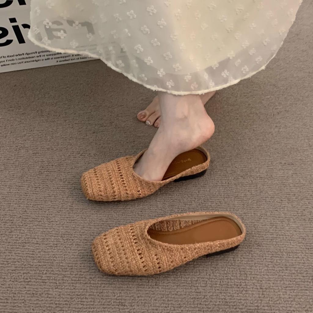 Fashion 2025 Women Mules Slippers Female Summer Flats Sandals Knit Fabric Stretch Slides Holiday Beach Shoes Square Heel Square Toe Flat