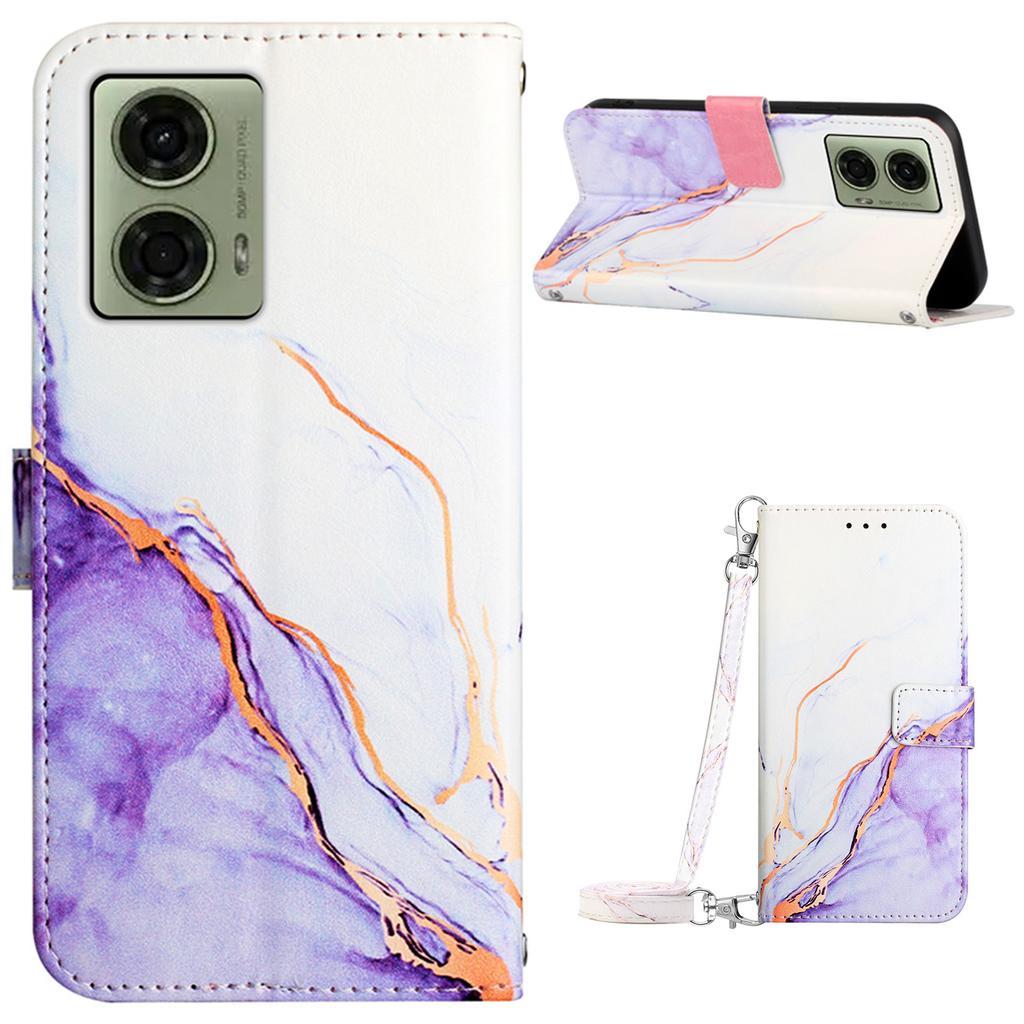For Motorola Moto E14 4G/G04 4G/G04s 4G/G24 4G Leather Case with Shoulder Strap Marble Pattern Phone Stand Cover