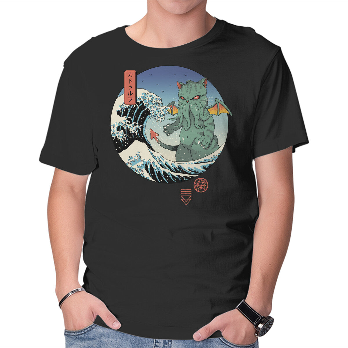 Unisex Crew Neck T-Shirt Great Cathulhu Wave Graphic Short Sleeve Casual Tee XL