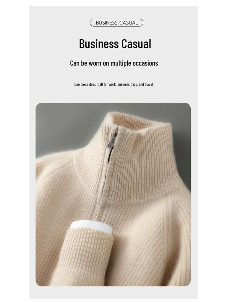 Men's Double-Ply Pure Wool High Neck Zipper Cardigan - Thickened Loose Casual Knit Sweater for Autumn and Winter.
