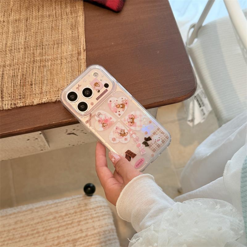 Kawaii Cartoon Bunny Bear Heart Glitter Clear Phone Case For iPhone 15 16 17 Pro Max INS Cute Large Window Shockproof Protective