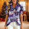 Women's Casual V-Neck Ruffle Short Sleeve Button-Front Top with Christmas Print