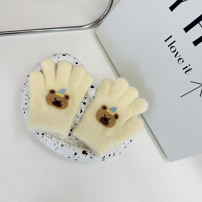 Korean Version of Cartoon Plush Children's Gloves Cute Bear Knitted Five Finger Gloves  Male and Female Baby Writing Finger Gloves