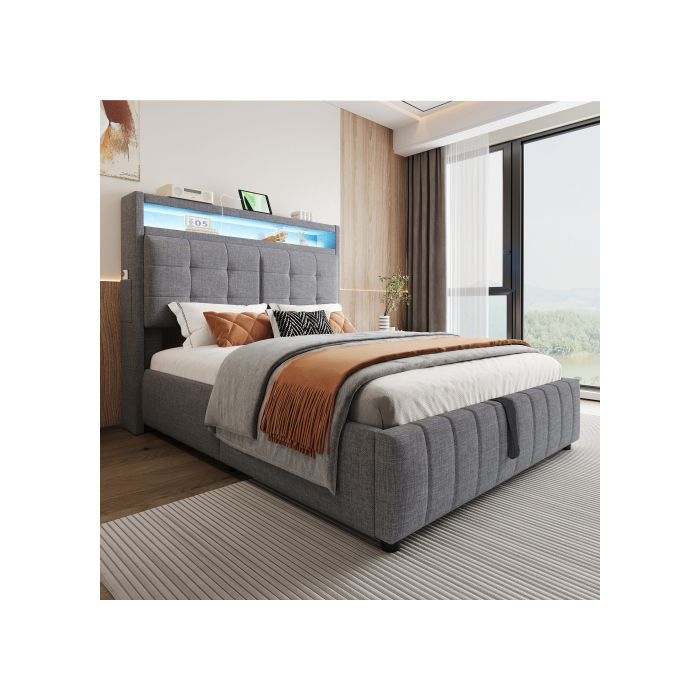 Lit - MUVOE - 140x200 cm - Rembourré en lin gris - Éclairage LED - Prise USB