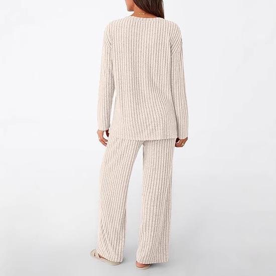 Cross-border two-piece set women's 2025 autumn new fashion casual straight-leg pants temperament loose V-neck pit strip knitted cover