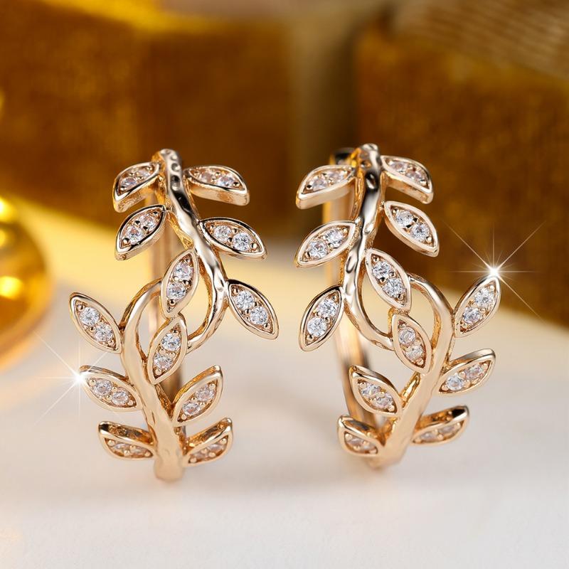 Vintage Cubic Zirconia Leaf Hoop Earrings for Women Luxury Gold Color Fashion Jewelry Accessories