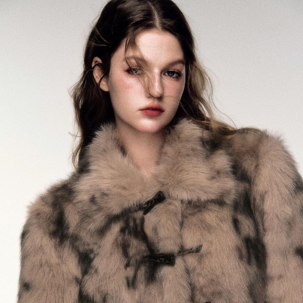 Stylish retro sweet and cool horn buckle short leopard print imitation fur coat women's 2025 autumn and winter warm fur fur top