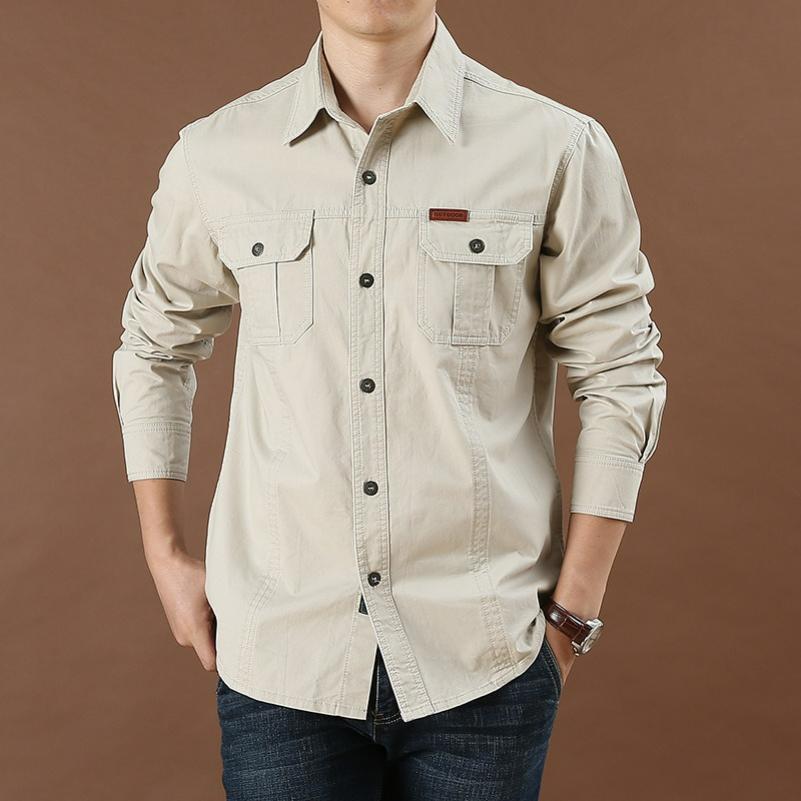Men's Casual Loose Long-sleeved Shirt Spring and Autumn Plus Size Cotton Solid Color Young and Middle-aged Shirt