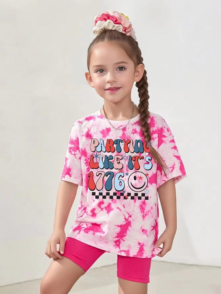 Girls Set Cute Tie Dye 3D Print Summer Children's Short Sleeve Shirt Casual O-Neck Tee Outdoor Loose Comfortable Children's Suit