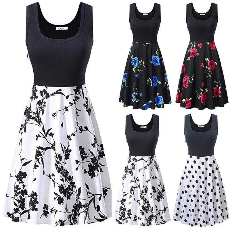 Robe d'été sans manches en coton à imprimé floral rétro pour femme, col rond, style vintage
