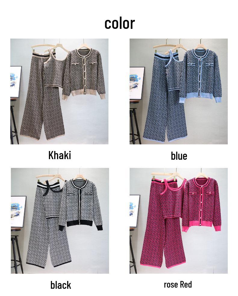 Women's Autumn/Winter Jacquard Knit Cardigan, Vest, and Wide-Leg Pants Set