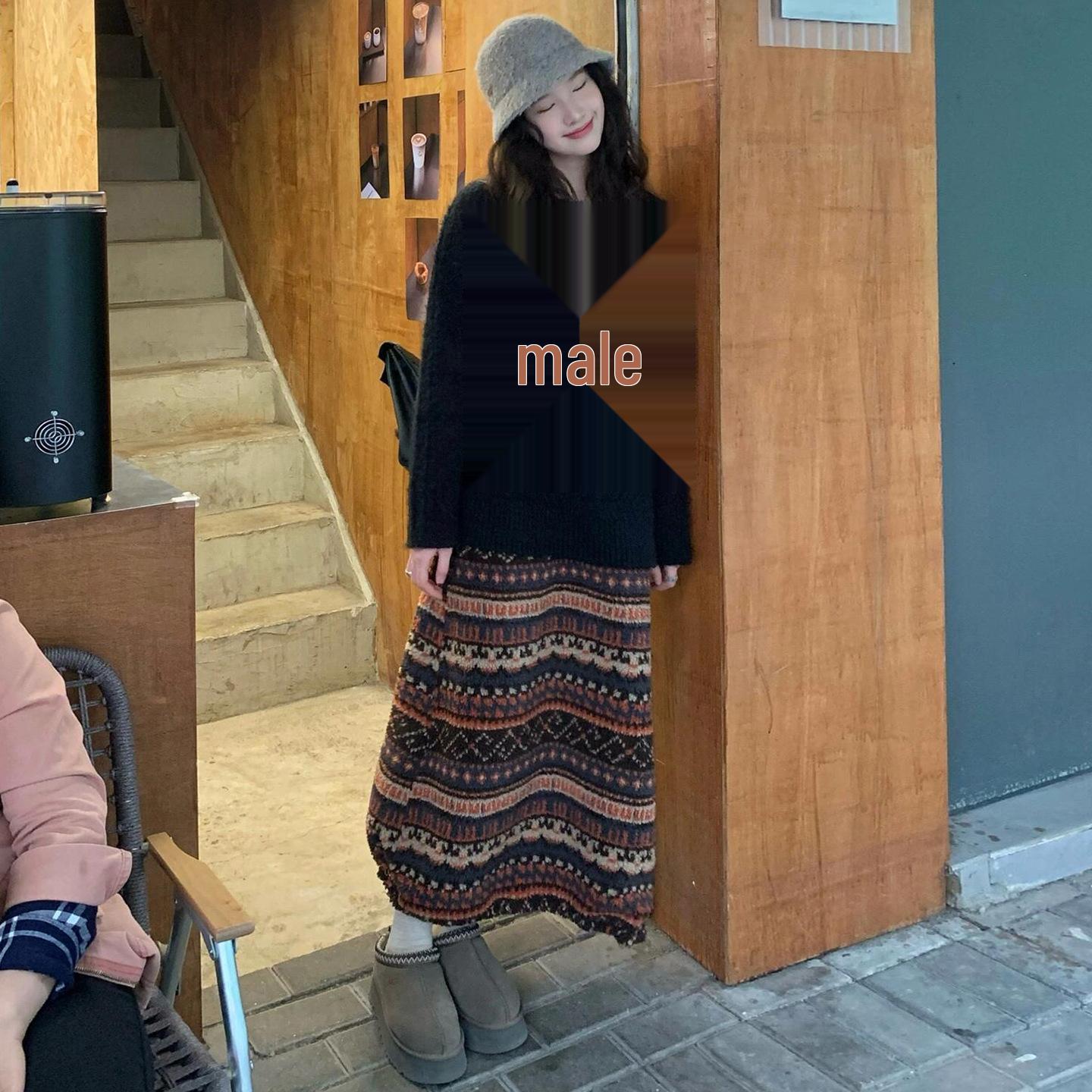 Autumn/Winter 2025 Fair Isle High Waist A-Line Plush Knit Skirt for Women S