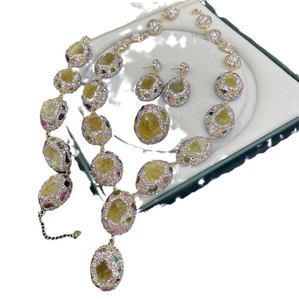 New European and American natural crystal inlaid ring earrings bracelet necklace fashionable and popular jewelry sets for women