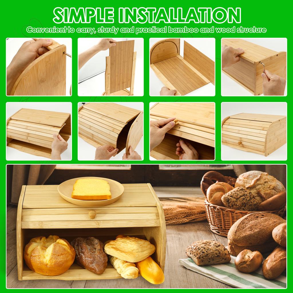 Bamboo Bread Storage Box Large Capacity Kitchen Countertop Bread Container with Roll Top Lid Bagels Storage Bin for Cookies