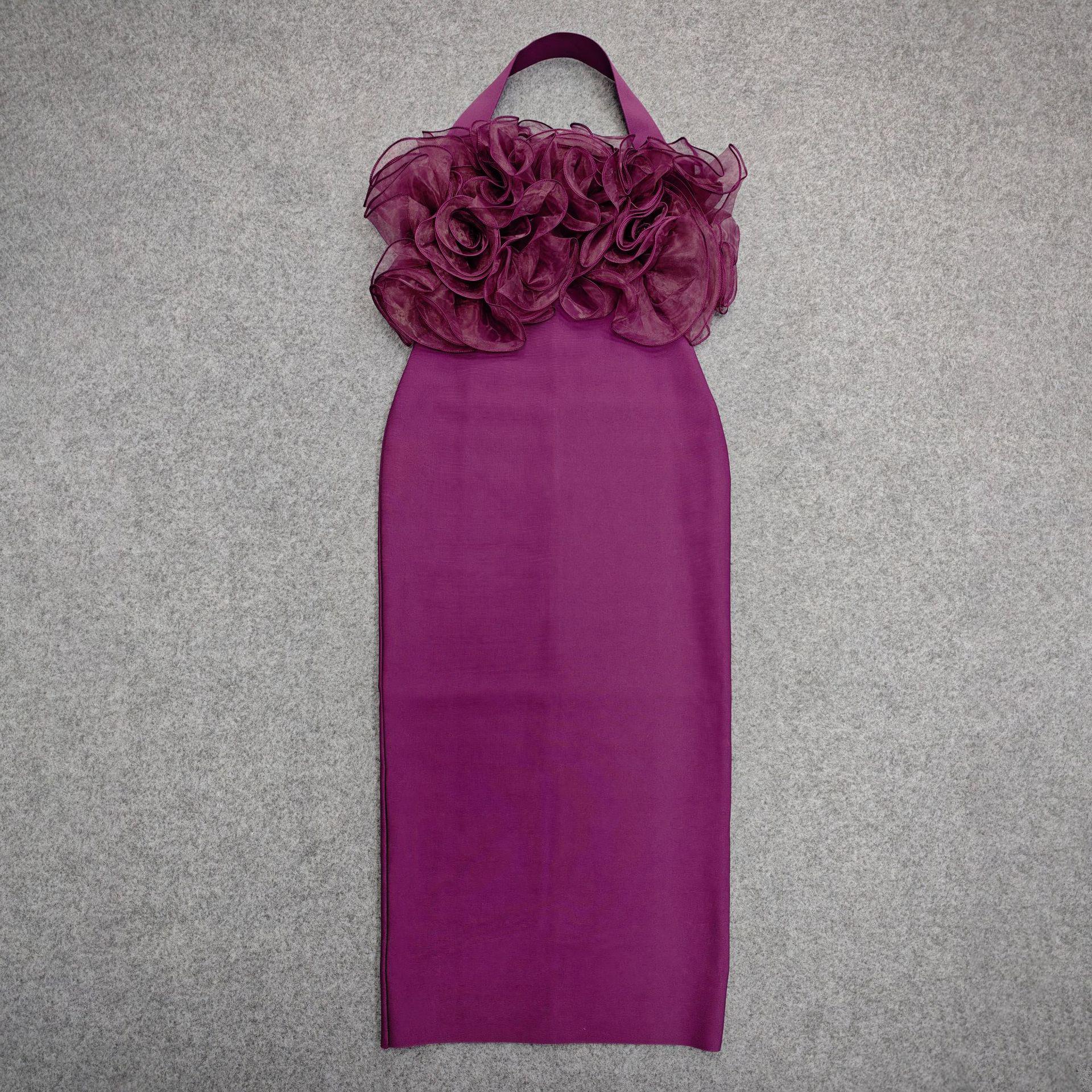 Women s Halter Neck Floral Bandage Dress - European & American Style, Elegant Slim Fit Gown Large фиолетовый