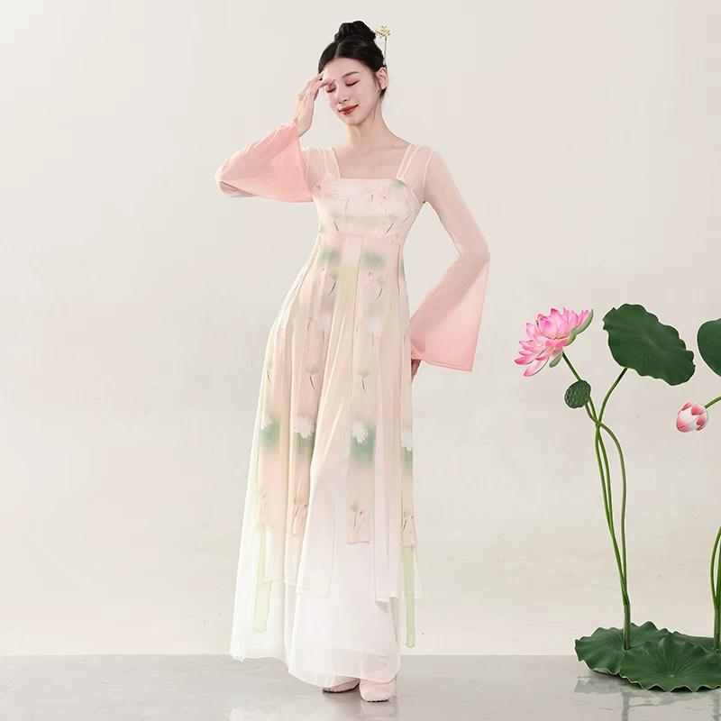 Verbessertes Hanfu Klassisches Tanzkostüm für Damen, Fließendes Chiffon Ruqun Set mit Lotusdruck, Tanzkleidung im Tang-Dynastie-Stil für Bühnenauftritte
